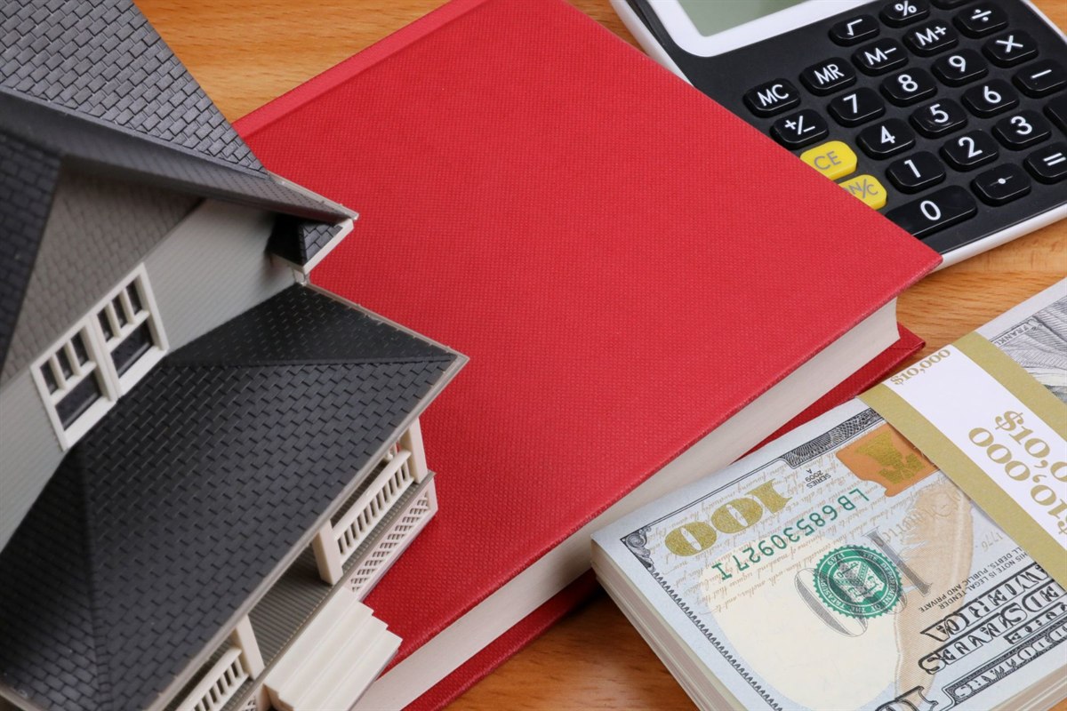 Red book, model house and dollars - blank template